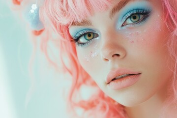 Portrait of a beautiful young woman with pink hair and pastel blue makeup on her face.