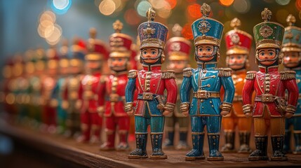 A row of colorful toy soldiers in uniform stand in a line on a wooden surface, with blurred lights in the background.