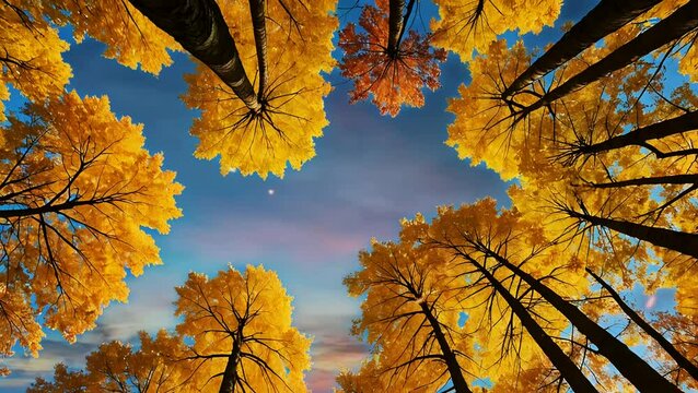 Vibrant autumn trees with yellow leaves viewed from below against a clear blue sky. seamless looping time-lapse 4K video background