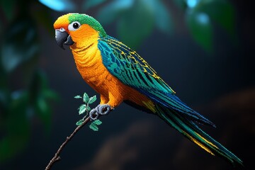 Obraz premium Pixel art parrot with vibrant colors, perched on a tiny tree branch