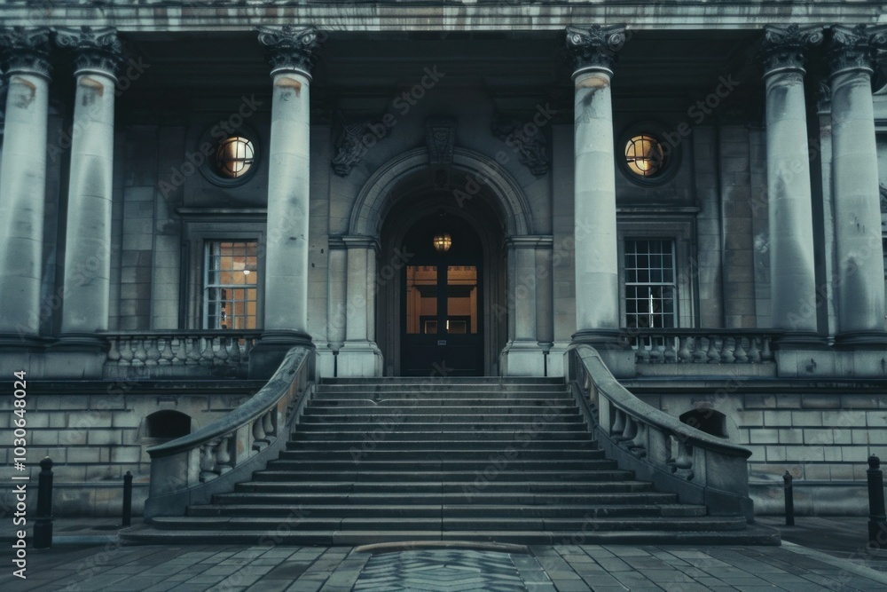 Poster imposing building with columns and stairs leading up to the entrance at dusk