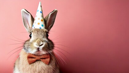 Creative animal concept. rabbit in party cone hat necklace bowtie outfit isolated on solid pastel background advertisement, copy text space. birthday party invite invitation