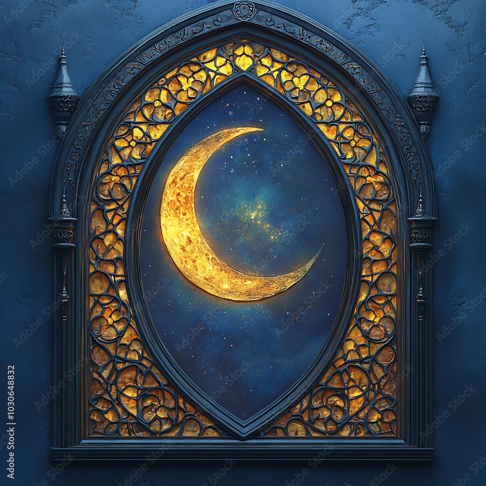 Poster mystical window carved with ornate geometric patterns the crescent moon outside shining against a de
