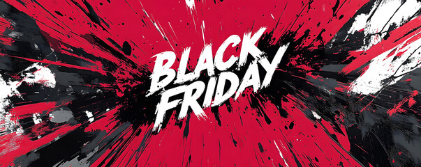 Black friday banner on red background. Promotional Sale concept. Boxing Day and Chrismas discounts. E-commerce, retail, and marketing. Template for poster, banners, flyers, card, advertising brochure.