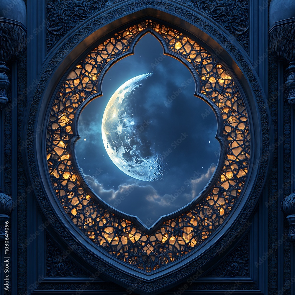 Poster mystical window carved with ornate geometric patterns the crescent moon outside shining against a de