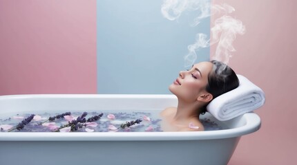 A woman relaxing in a bath filled with flowers, enjoying a peaceful and luxurious spa experience in a serene setting