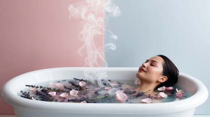 A woman relaxing in a bath filled with flowers, enjoying a peaceful and luxurious spa experience in a serene setting