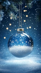 christmas glass ball on blue background, ai generated