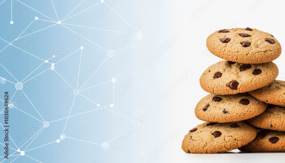 Poster a stack of delicious chocolate chip cookies against a soft blue background with digital network patt