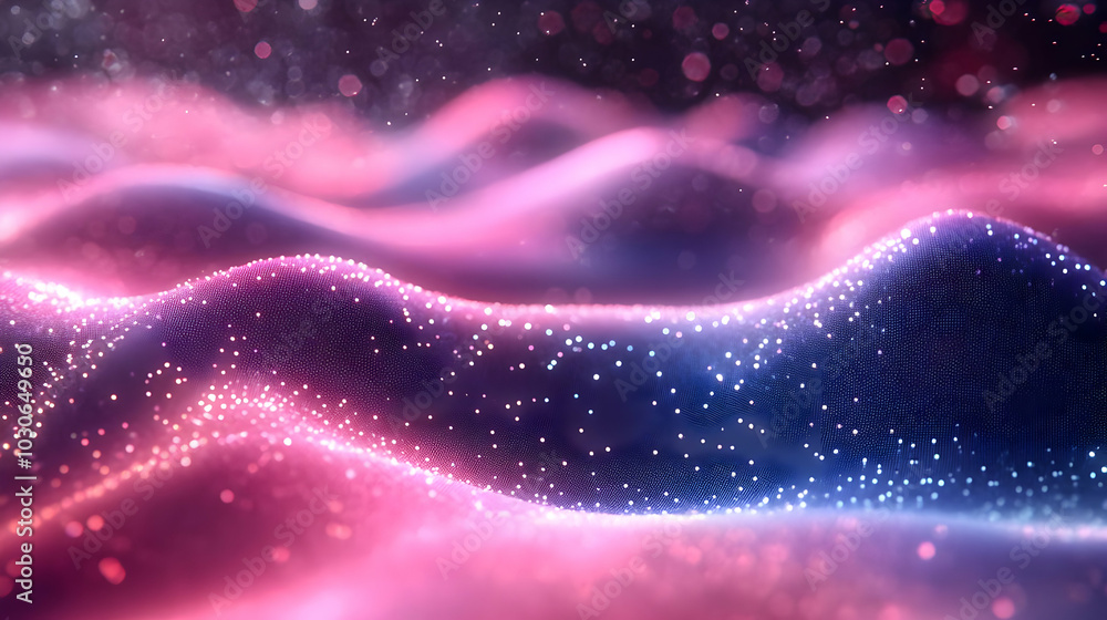 Poster abstract waves of light with sparkling particles in vibrant colors.