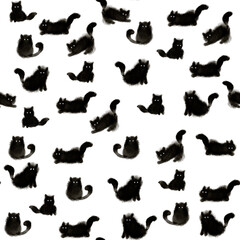 Fototapeta premium Hand drawn watercolor seamless pattern of cats on white background. Spooky cats with glowing eyes. Halloween black cats 