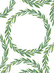 Obraz premium Watercolor circle floral frame with floral decoration. Template for text. A wreath of green leaves on a white background 
