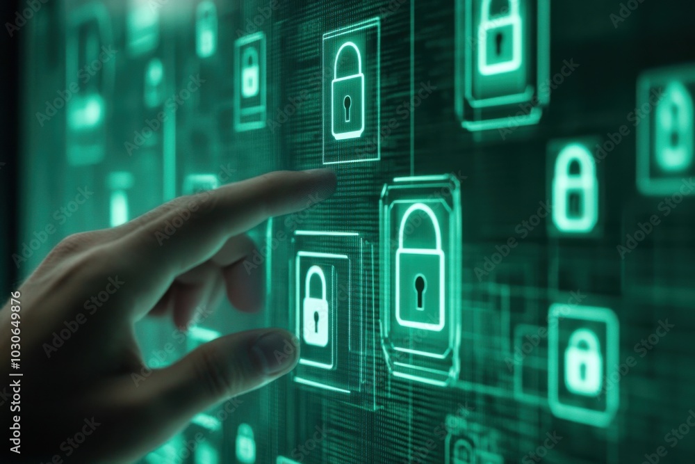 Poster a close-up of a hand touching a transparent touchscreen with multiple digital security icons, like l