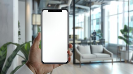 Mockup of a Smartphone with a White Screen in an Office Setting