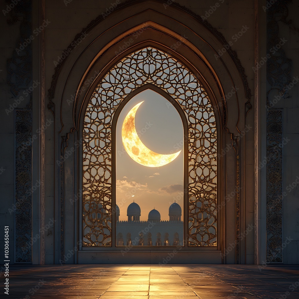 Aufkleber mystical window golden arabic patterns framing a bright crescent moon in the night sky soft light fr