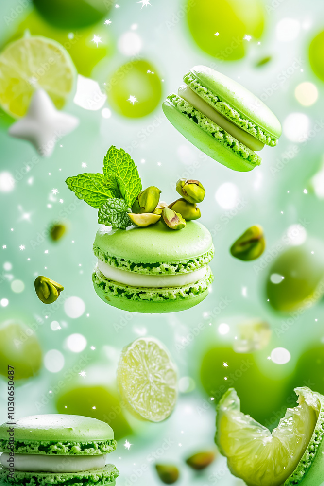 Poster a pair of pistachio macarons float amidst lime slices and green fruit, creating a delightful culinar
