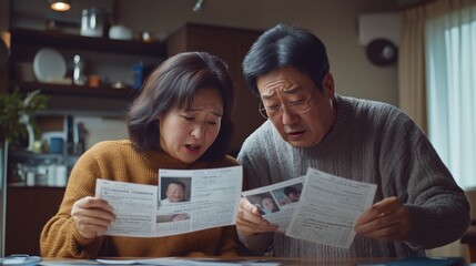 A worried couple examines documents with photos, expressing concern and confusion.