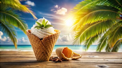 Obraz premium Ice cream dessert in waffle cup with coconut on tropical background