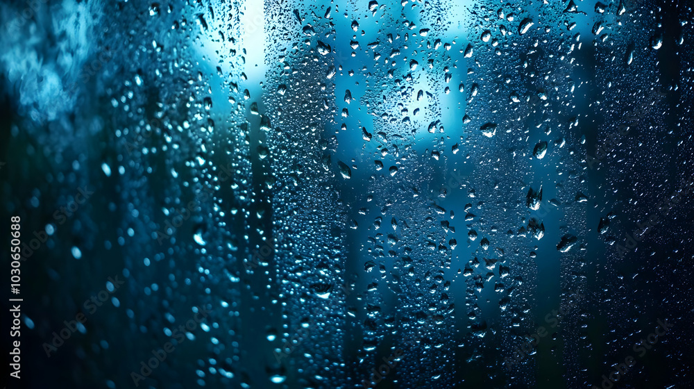 Poster close-up of raindrops on a window, creating a moody atmosphere.