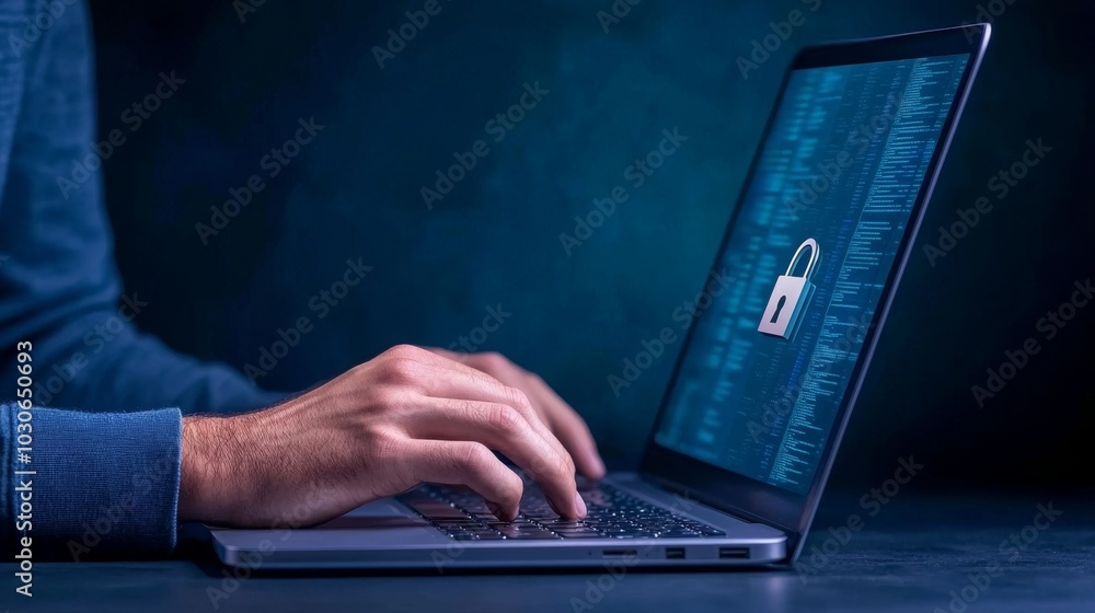 Poster a person typing on a laptop with a digital lock graphic, depicting themes of cybersecurity and data 