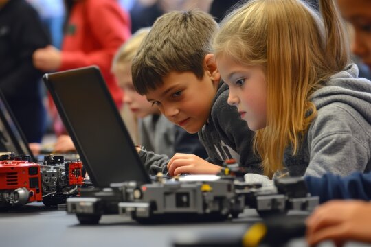 A group of young students learning coding and robotics in a modern classroom, surrounded by programmable robots, laptops, and digital tools