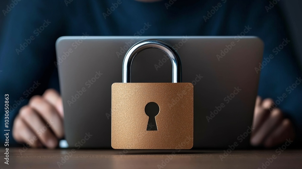 Poster a person using a laptop with a padlock in front, symbolizing online security and data protection.