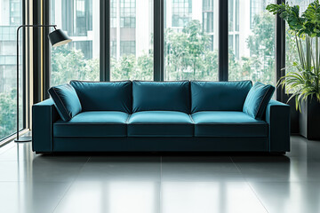 Turquoise sofa in the interior of a modern living room on the background of large windows with a view of the city, a plant and a lamp