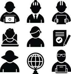 Black and White Icon Set: Construction Workers, Business People, Globe, Documents - Vector Illustration