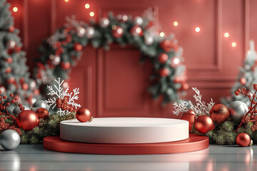 A white pedestal with a red base and a wreath of red and green leaves