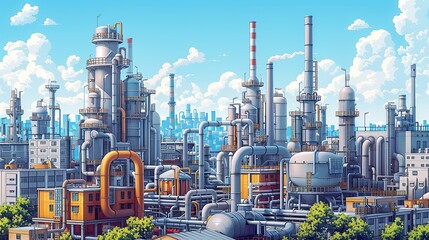 Fototapeta premium Industrial background illustration featuring an exterior view of a factory with a maze of pipes and ducts against buildings and smokestacks. Chemical plant, oil refinery, detailed image. High