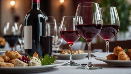 Bottles of wine on tables, red anar bottle, glass of liquid, restorant food