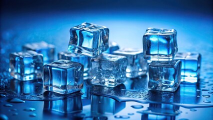 Ice cubes on a blue background with shallow depth of field, creating a silhouette effect