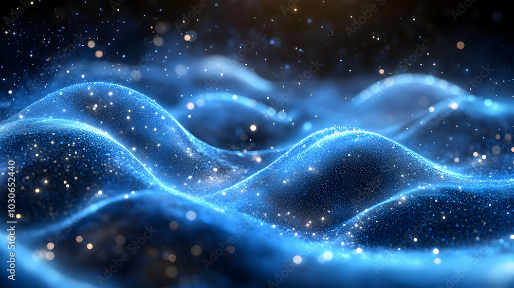 Poster abstract representation of glowing waves with sparkling particles.