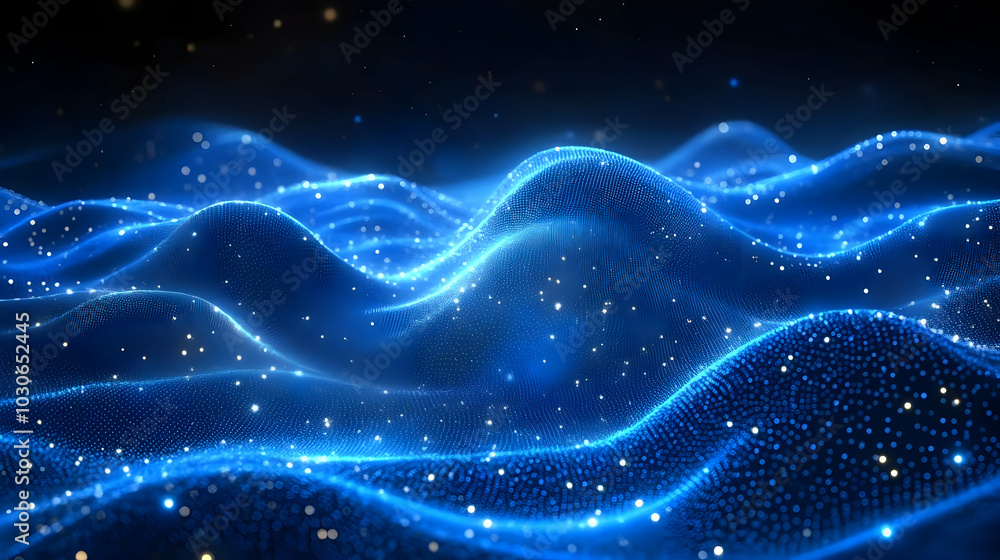 Poster abstract blue waves with glowing particles creating a digital effect.
