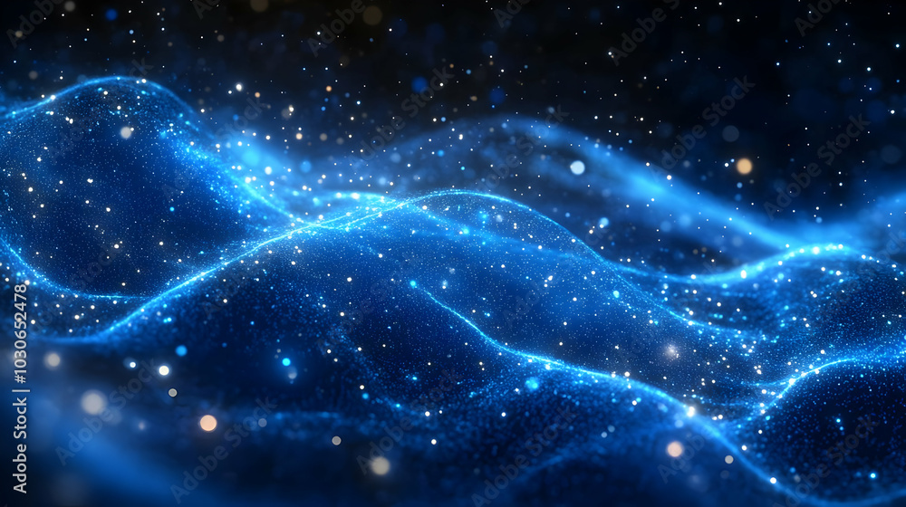 Poster abstract blue waves with sparkling particles in a digital space.