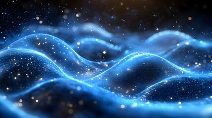 Abstract representation of glowing waves with sparkling particles.