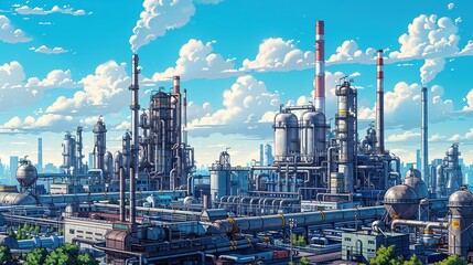 Exterior view of a chemical plant featuring a dense network of pipes and ducts against industrial buildings and smokestacks. Detailed illustration of an industrial background, oil refinery. High