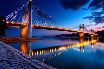 Naklejka premium Sunset view of the Tamar Bridge, with lights shimmering on the riverâ€™s surface