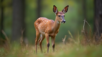 Fototapeta premium A vertical photo of a cute baby European roe deer (Capreolus capreolus) standing in a forest in the Alps, Italy, surrounded by lush greenery, with a serene and wild ambiance.