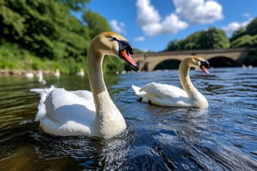 Obraz premium Swans gliding along the River Frome, beneath an old stone bridge