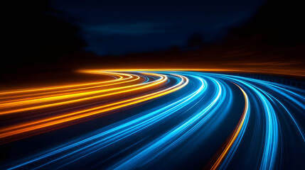 A dynamic night scene of illuminated curving roadways.