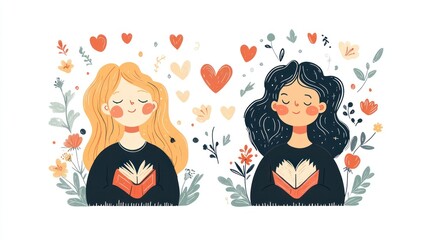 Two Women Reading Books with Hearts and Flowers