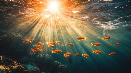A school of fish swim through a sunlit underwater scene, with the sun shining down through the water and creating a beautiful light show.