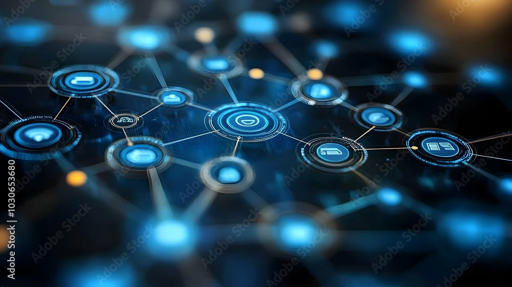 Poster digital network connections with glowing nodes and lines.