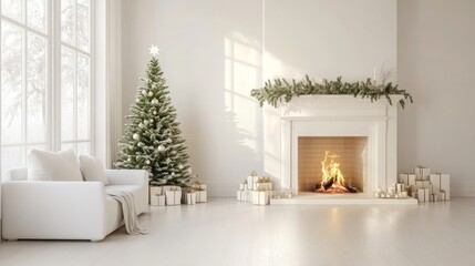 Cozy holiday living room with a Christmas tree and fireplace.