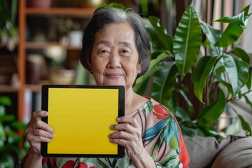 Ui mockup asian woman in her 60s holding a tablet with a fully yellow screen