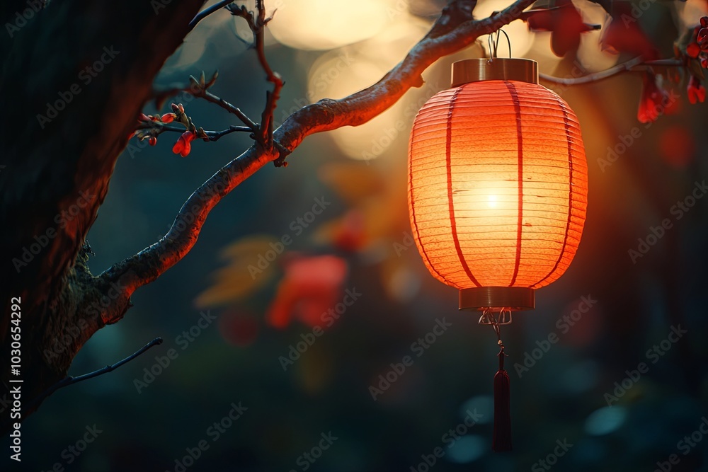 Poster a glowing red lantern hanging on a tree branch in a serene garden during dusk with autumn leaves in 