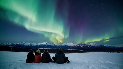 A group of people watch the northern lights at night against the backdrop of snowy mountains