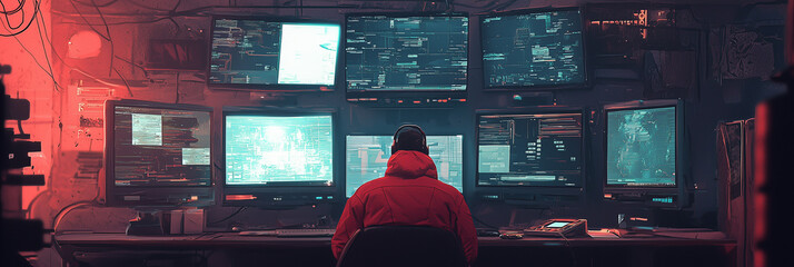 Person in Red Jacket Monitoring Multiple Security Screens 