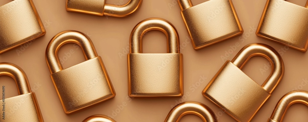 Poster a flat lay of shiny golden padlocks positioned on a warm brown surface, creating a visually appealin